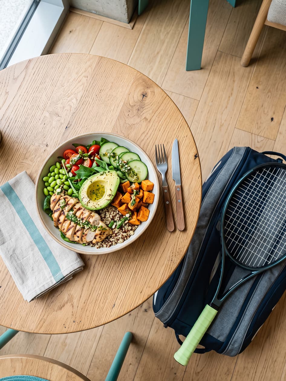 Ahşap kafe masasında tavuk, avokado, kinoa ve taze sebzelerden oluşan bir kâse; yanında keten peçete, çatal bıçak ve raketiyle bir tenis çantası.