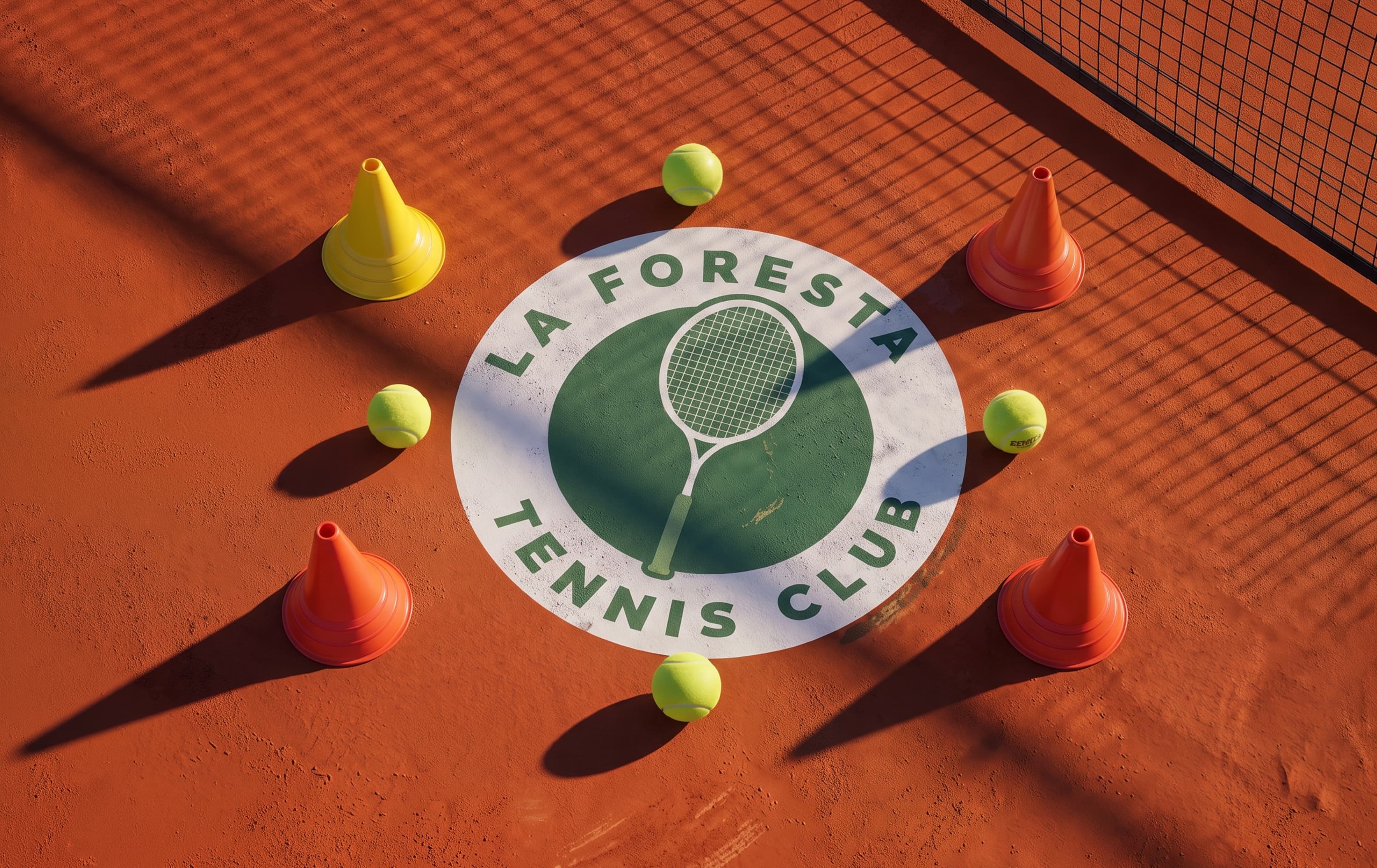 Toprak kortun zeminine işlenmiş La Foresta Tennis Club amblemi; çevresinde antrenman konileri ve tenis topları, alçak güneşte uzun gölgeler.
